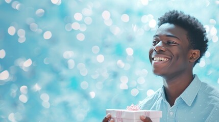 young African-American man exuding joy and surprise as he holds a gift in his hands.