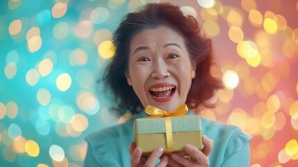 Chinese woman expressing joy and surprise as she holds a gift in her hands.