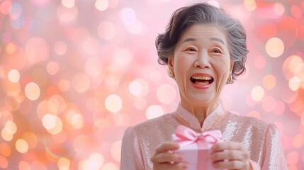 Chinese woman expressing joy and surprise as she holds a gift in her hands.