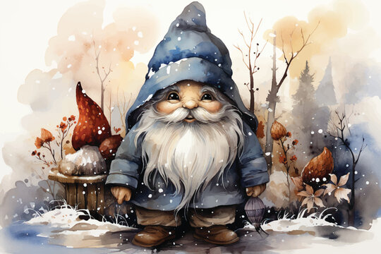 very beautiful christmas art,portrait painting of scandinavian gnome in barn, winter clothes