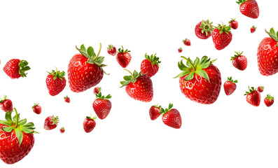 Strawberries falling in air, Healthy organic berry natural ingredients concept, Empty space in studio shot isolated on white background long banner