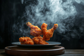 Hot and spicy bbq chicken wings on black background. Generative AI image.