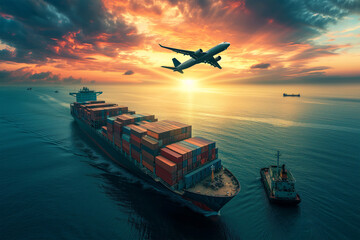 View of a large container cargo ship travels in the ocean. Air cargo transport fly over freight. Generative AI image.