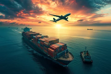 Fotobehang View of a large container cargo ship travels in the ocean. Air cargo transport fly over freight. Generative AI image. © Itsanan