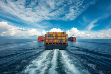 Back view of a large container cargo ship travels in the ocean. Generative AI image.