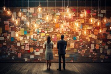 Creative Professionals Assessing Ideas on Note Wall. A man and woman in a business setting, evaluating a wall of notes and creative ideas under ambient lighting.

