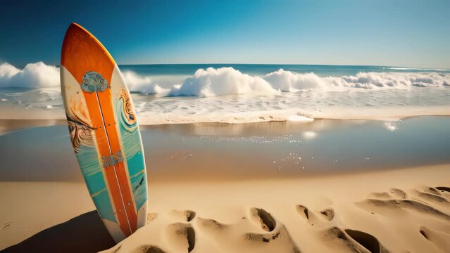 Beautiful surfboard on the beach background. Sport and nature concept. Generative AI