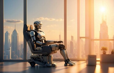 AI robot is sitting in the director's chair, in a tall building with the afternoon sun