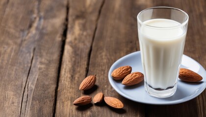 A glass of milk with almonds on a plate
