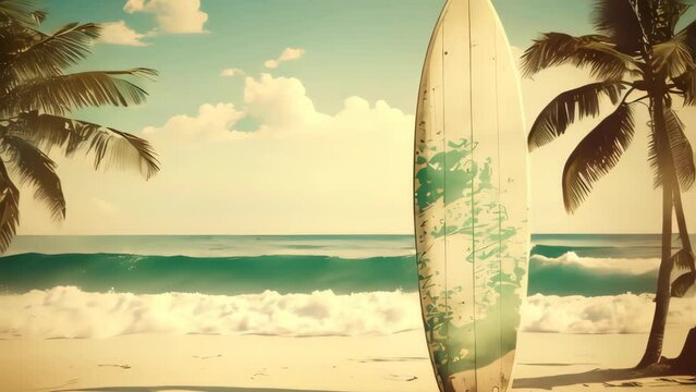 Pastel surfboards on tropical beach. Retro tone color style. Travel vacation concept. Generative AI.