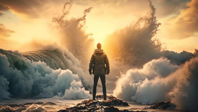Man standing front of big strom wave abstract background. Challenge and brave concept. Generative AI	