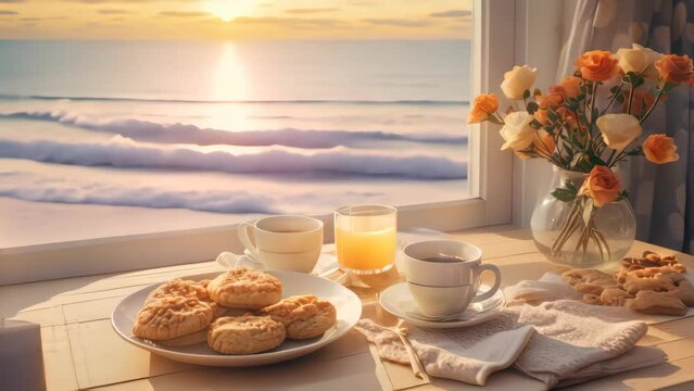 Set of breakfast at window and morning beach abstact background. Generative ai.