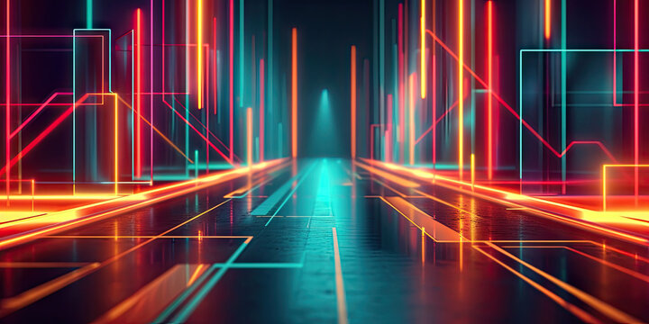 A dark room with bright lights and a long corridor. Suitable for horrorthemed designs, suspenseful concepts, and mysterious storytelling visuals.