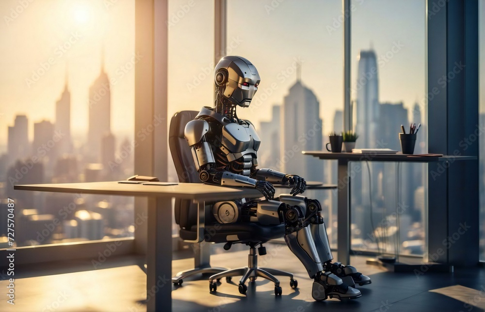 Poster ai robot is sitting in a director's chair with a desk and a computer in front of him, in a tall buil