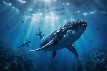 Fototapeta premium a vast and mysterious underwater worl. At an astonishing depth of a thousand meters, majestically graceful whales glide through the deep sea