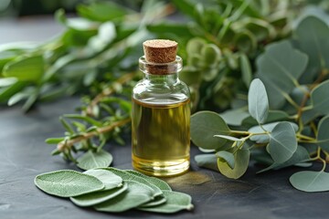 Eucalyptus Essential Oil in Glass Bottle with Fresh Leaves