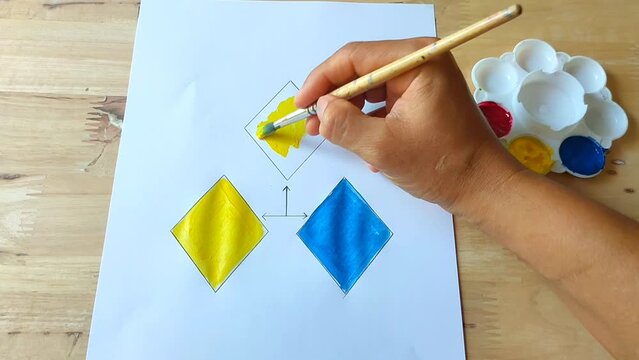 Art for kids beginner lesson four, How to mix color green from yellow and blue.