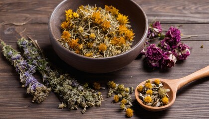 A wooden table with a bowl of flowers and a spoon