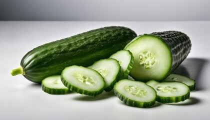 A bunch of sliced cucumbers on a white background