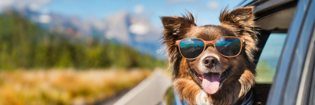 Funny portrait of dog in sunglasses on the road. Travel concept
