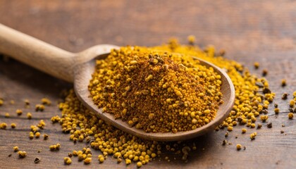 A wooden spoon full of yellow spices