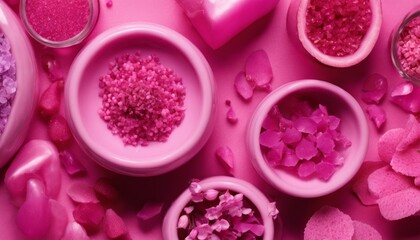 Obraz premium A pink background with various bowls of pink and purple sugar