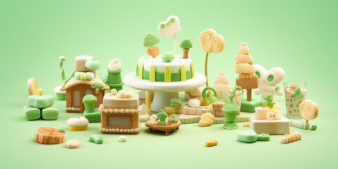 St. Patrick's Day snacks, incorporating lucky charms and green treats, soft pastel colors, 3d icon clay render.