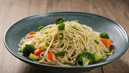 A bowl of noodles with vegetables on a wooden table