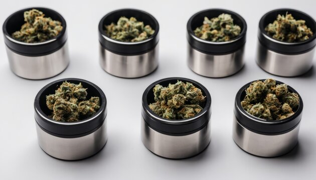 Six silver bowls with marijuana in them