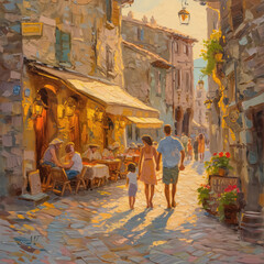 Fototapeta premium Family Stroll in Sunlit European Alley