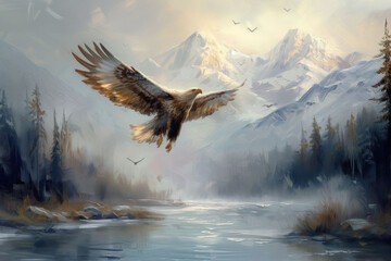 Eagle Soaring over Misty Mountain River