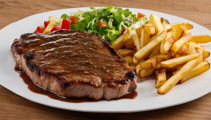 A plate of steak and fries