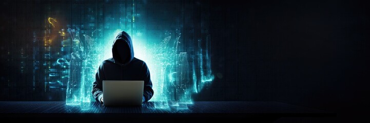 Anonymous hacker man with hoodie, working with laptop on the desk surrounded by blue glowing data network. Cybersecurity, cyberattack, cybercrime concept banner with copyspace. Generative AI.