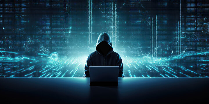 Anonymous hacker or programmer man with hoodie, working typing on laptop keyboard on desk surrounded by blue glowing data network. Cybersecurity, cyberattack, cybercrime concept.  - Powered by Adobe