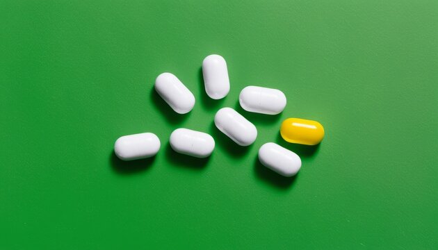 A pile of white and yellow pills on a green background