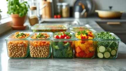 Fotobehang Healthy vegan dishes in glass containers with fresh raw vegetables. © kardaska