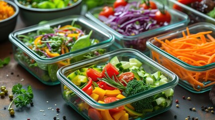 Healthy vegan dishes in glass containers with fresh raw vegetables.