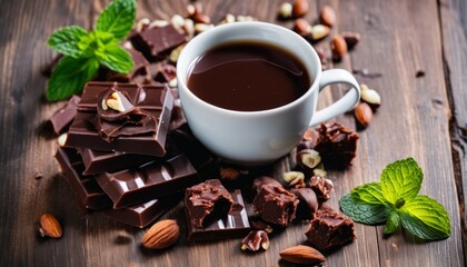 A cup of coffee with chocolate and almonds