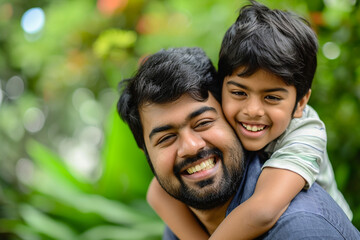 indian father giving piggyback ride to his son bokeh style background