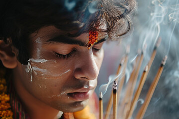 close up picture of indian man praying bokeh style background