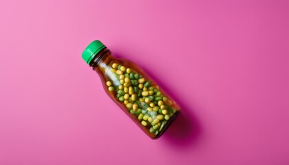 A bottle of peas on a pink background