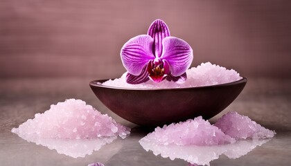 A purple orchid in a brown bowl with pink salt