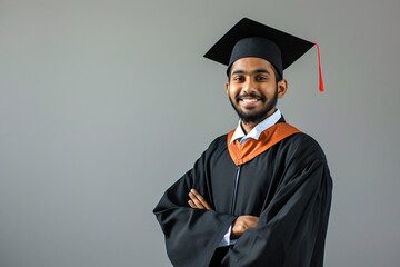 a male indian graduation student wearing graduation gown - obrazy, fototapety, plakaty