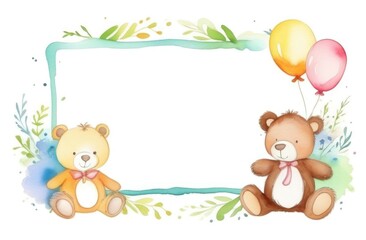 Square mockup of children's art frame, blank frame, bears and balloons, congratulatory frame with the birth of a baby watercolor