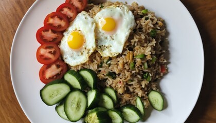 A white plate with rice, eggs, and vegetables