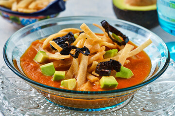 メキシコのトルティージャのスープ　ソパ・デ・トルティージャ（ソパ・アステカ）コピースペースあり
 Mexican tortilla soup　Sopa de Tortilla (Sopa Azteca）with copy space