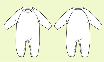 Baby Long-Sleeve Raglan Sleeping Romper Fashion Flat Sketch - Black and White Outline, Front and Back View Template Mock-Up