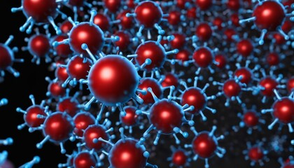 A close up of a group of red and blue atoms - obrazy, fototapety, plakaty