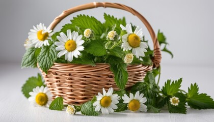 Fototapeta na wymiar A basket of flowers and greenery