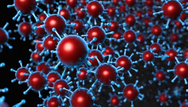 A close up of a group of red and blue atoms